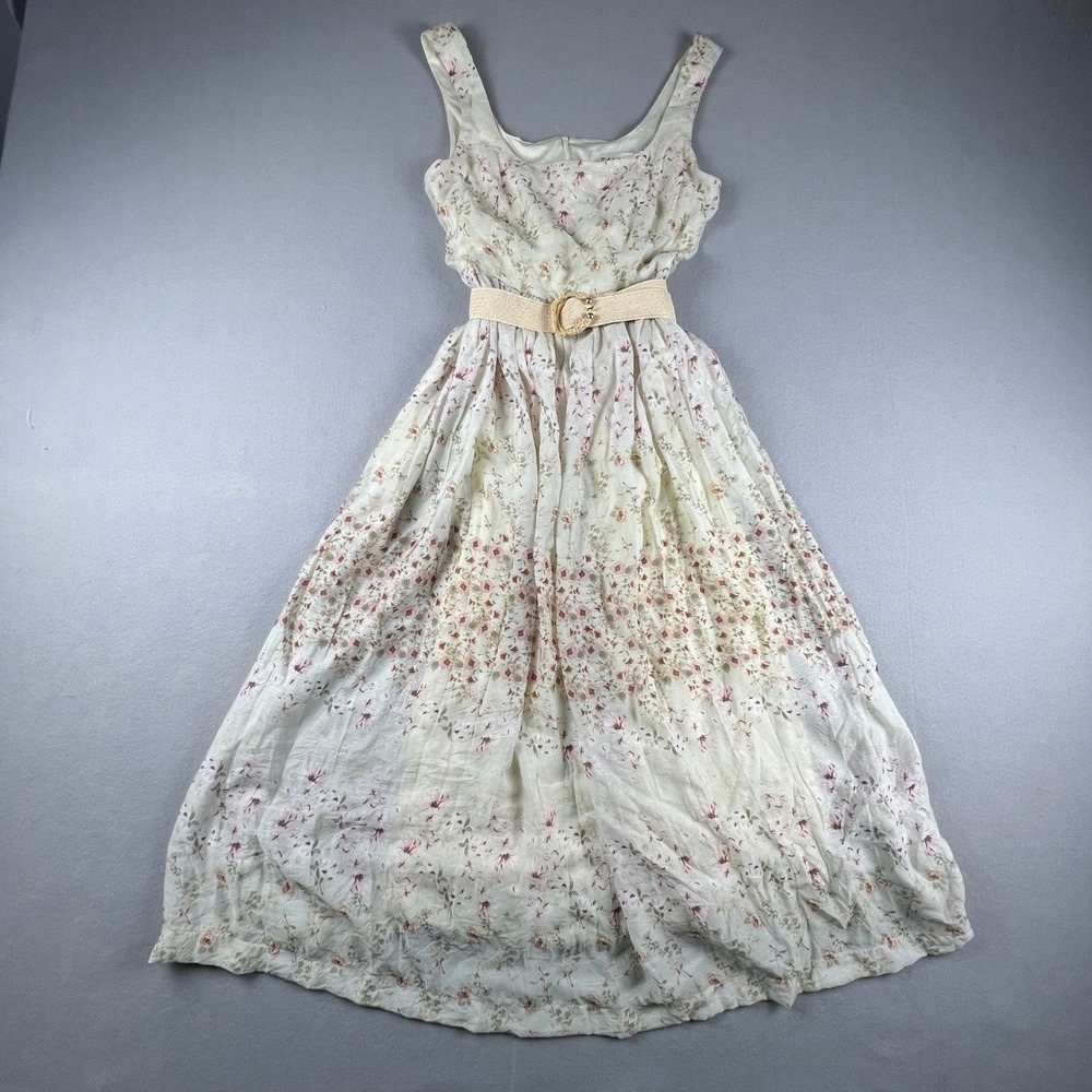 Taylor Floral Midi Dress Womens 8 Cream Sleeveless Belted Cottagecore Romantic